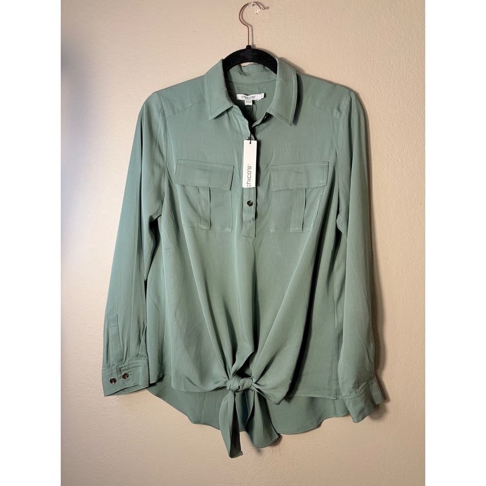 Chicos 0 Sage Green Tie‎ Front Utility Blouse Long Sleeve Size 4/Small NWT